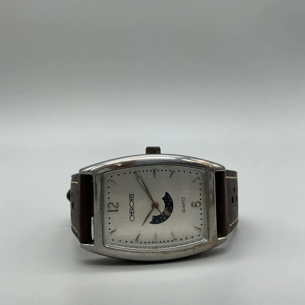 Cherokee 32-905 Womens Watch 30mm Silver Tone Moon Phase Leather Band New Batt